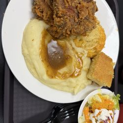 Connie's Grill - Lunch plate- 2 piece chicken, mash and gravy, baked Mac and cheese, jalapeño cornbread, side salad... missing corn that was also included.