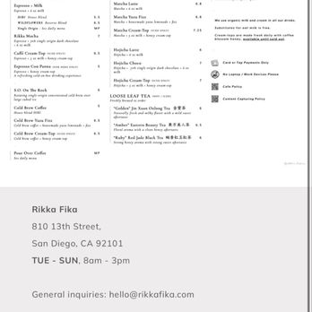 Rikka Fika - Menu as of May 2026 - Coffee & Tea Near Me - San Diego, California Rikka Fika - Menu as of May 2026 - Coffee & Tea Near Me - San Diego, California