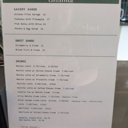 Sando and drink menu.