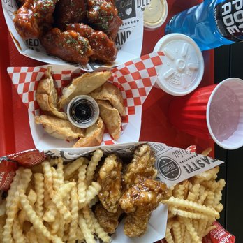 1derful K-BBQ - Soy Garlic on the right, mandu in the middle, and the spicy sauce on the left! - Korean Near Me - Kennewick, Washington