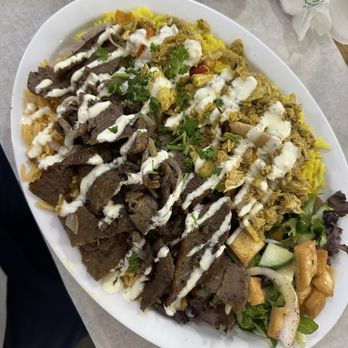 Habibi In Mediterranean Grill - Gyro and chicken shawarma over rice - Mediterranean Near Me - Evanston, Illinois