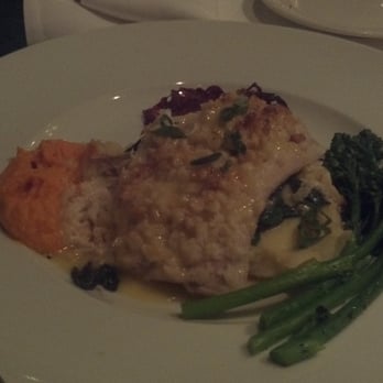 Vintage Press - Macadamia Encrusted Halibut with Yukon Gold Mashed Potatoes, Broccolini & a Creamy Sweet Potato Puree - American Near Me - Visalia, California Vintage Press - Macadamia Encrusted Halibut with Yukon Gold Mashed Potatoes, Broccolini & a Creamy Sweet Potato Puree - American Near Me - Visalia, California