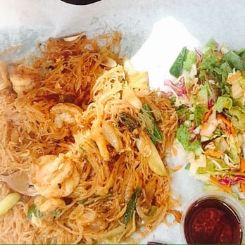 Lona's Lil Eats - Stir-fried shrimp w/ glass noodles & Lona sauce. Chopped vinaigrette salad. Delish! - Asian Fusion Near Me - St Louis, Missouri