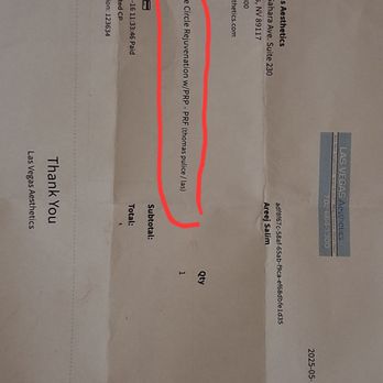 Las Vegas Aesthetics - Vague receipt that he refused to clarify stating PRP - PRF - Medical Spas Near Me - Las Vegas, Nevada Las Vegas Aesthetics - Vague receipt that he refused to clarify stating PRP - PRF - Medical Spas Near Me - Las Vegas, Nevada