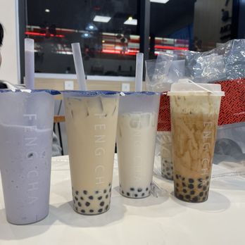 Feng Cha Teahouse - Taro swirl, iron goddess, (drink i dont remember), dirty boba - Bubble Tea Near Me - San Francisco, California Feng Cha Teahouse - Taro swirl, iron goddess, (drink i dont remember), dirty boba - Bubble Tea Near Me - San Francisco, California