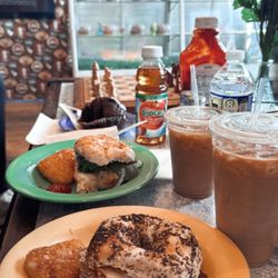 The Main Bean - Bacon, egg, & cheese everything bagel & a hash brown. Spinach, onion, egg, & cheese onion bagel. Cold brew coffees & a chocolate muffin.