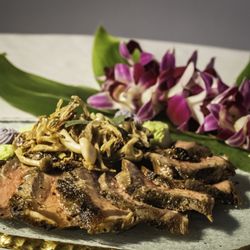 Chef Evan Presents - Grass-fed New York steak with Hamakua mushrooms, scallion potato puree and ube puree.