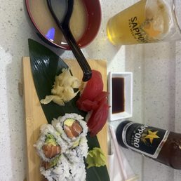 Salmon + avocado roll, Tuna sushi, miso soup
