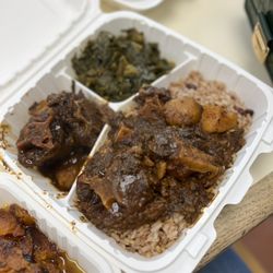 West Indies Soul Food - Oxtail, collard greens, rice and peas