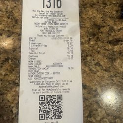McDonald's - Receipt - 3 Hamburgers and fries.