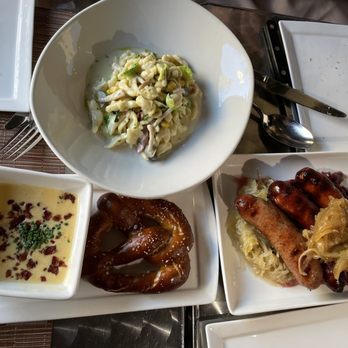 Naschmarkt - Campbell - Pretzel & beer sauce, spatzle with smoked chicken & sausage trio - Austrian Near Me - Campbell, California