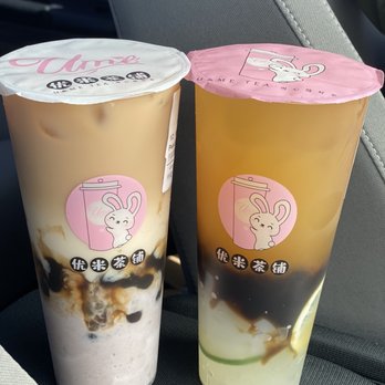 Ume Tea - Black Milk Tea with Pearl and Taro (left) Passion Fruit and Orange Green Tea with Aloe + boba (right) - Bubble Tea Near Me - Milpitas, California Ume Tea - Black Milk Tea with Pearl and Taro (left) Passion Fruit and Orange Green Tea with Aloe + boba (right) - Bubble Tea Near Me - Milpitas, California