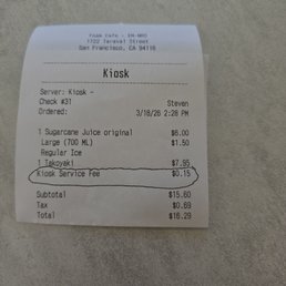 Not a 15 cent service fee for using the self-service kiosk. Not a 15 cent service fee for using the self-service kiosk.