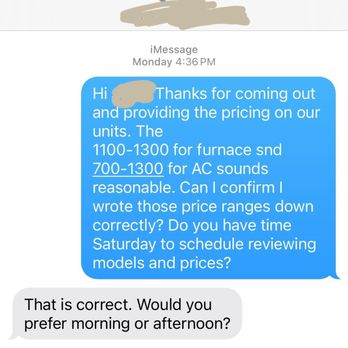 Home Energy Heating & Cooling - Pricing confirmation interaction and company information. Specific salesmen name has been removed for privary - Heating & Air Conditioning/HVAC Near Me - Maple Grove, Minnesota Home Energy Heating & Cooling - Pricing confirmation interaction and company information. Specific salesmen name has been removed for privary - Heating & Air Conditioning/HVAC Near Me - Maple Grove, Minnesota