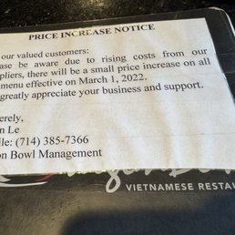 Menu notice or price increase. Menu notice or price increase.