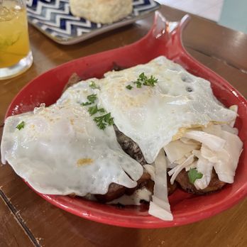 The Tipsy Biscuit - House Corned-Beef hash and 2 eggs over easy and a biscuit on the side. - Breakfast & Brunch Near Me - Goshen, Indiana