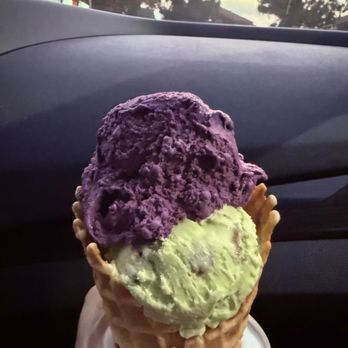 Bruster's Real Ice Cream - Small Ube & Pistachio waffle cone - Desserts Near Me - Fullerton, California