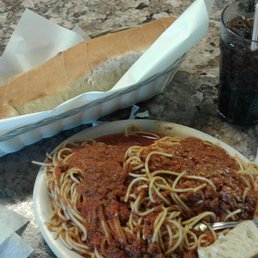 Delicious spaghetti n meatballs with 14" loaf of fresh baked French bread @ #Angelo' s ,Sterling Illinois.  For less than $8 ?