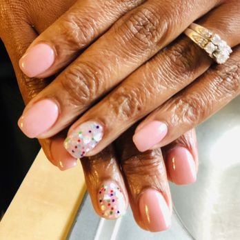 Lily's Nails & Spa - Pink powder nails with glitter jewels on ring finger - Nail Salons Near Me - Cedar Hill, Texas