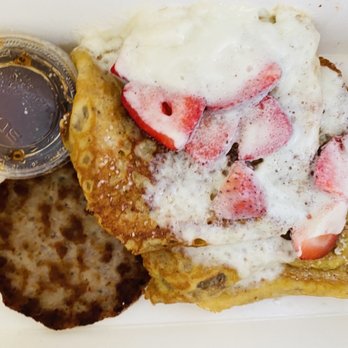 2Schae Cafe - Strawberry & Cream French Toast with Sausage (whip cream melted in takeout packaging) - Sandwiches Near Me - St Louis, Missouri