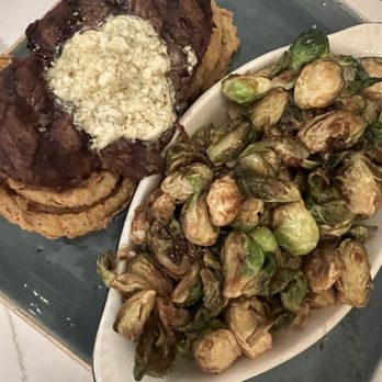 State Fare Kitchen & Bar - Turtle Creek Filet Mignon with whiskey glazed Brussels sprouts - New American Near Me - Houston, Texas