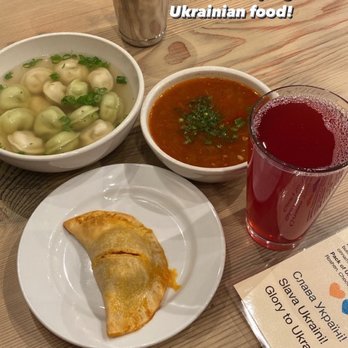 Leleka - Half and half beef/chicken dumplings in chicken broth (regular size)...best things we ate. Borscht. Sausage piroshki. Kompot drink. - Ukrainian Near Me - San Francisco, California Leleka - Half and half beef/chicken dumplings in chicken broth (regular size)...best things we ate. Borscht. Sausage piroshki. Kompot drink. - Ukrainian Near Me - San Francisco, California