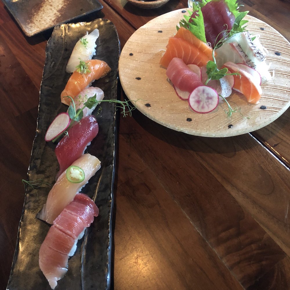 MF Sushi - Nigiri flight brushed in various sauces and oils and MF's sashimi plate. - Sushi Bars Near Me - Houston, Texas MF Sushi - Nigiri flight brushed in various sauces and oils and MF's sashimi plate. - Sushi Bars Near Me - Houston, Texas