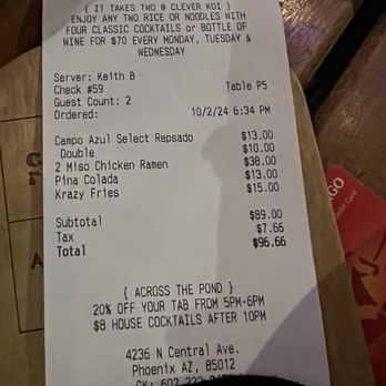 The Clever Koi - Receipt , spent $96.00 - Asian Fusion Near Me - Phoenix, Arizona The Clever Koi - Receipt , spent $96.00 - Asian Fusion Near Me - Phoenix, Arizona