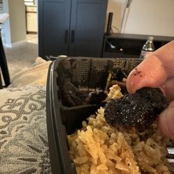 Alpha Hibachi - 9 small pieces of charred steak. 3 pieces of dried, over cooked shrimp.