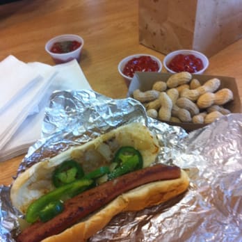 Five Guys - kosher hot dog with jalapenos, green bell pepper, and grilled onions. - Burgers Near Me - Orange, California Five Guys - kosher hot dog with jalapenos, green bell pepper, and grilled onions. - Burgers Near Me - Orange, California