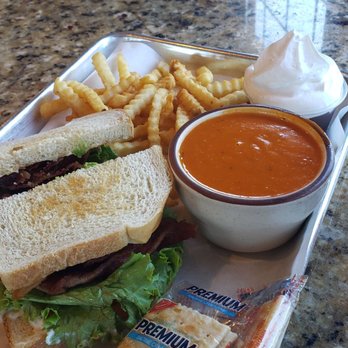 Toni's 24 HR Restaurant - A daily special - BLA sandwich on sourdough with fries, a cup of roasted red pepper soup with crackers, and chocolate pudding. A GREAT deal! - American Near Me - Arcata, California
