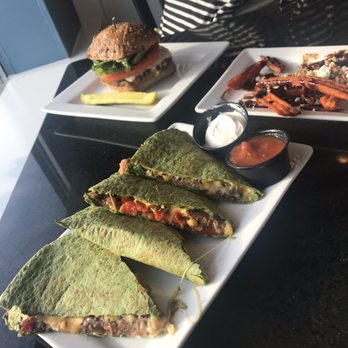 Chomp - Black Bean Quesadilla, Black Bean Burger, and sweet potatoes fries with blue cheese and balsamic. - American Near Me - Rochester, Michigan Chomp - Black Bean Quesadilla, Black Bean Burger, and sweet potatoes fries with blue cheese and balsamic. - American Near Me - Rochester, Michigan