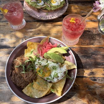 Ubuntu Cafe - My Breakfast Chilaquiles with Braised Short Rib & Avocado toast - Cafes Near Me - Long Beach, California