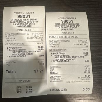 Orange Fish - Receipt of the bill - Ramen Near Me - La Verne, California Orange Fish - Receipt of the bill - Ramen Near Me - La Verne, California