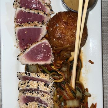 Boca Fish House - Seared Sesame Crusted Yellowfin Tuna, crispy fried rice cake, stir fried vegetables, Dijon soy wasabi glaze - Seafood Near Me - Boca Raton, Florida