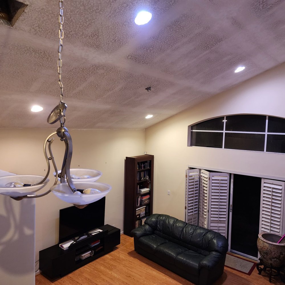 Blue Sky Popcorn Removal - Day 1 Living Room after popcorn removed - Drywall Installation & Repair Near Me - Margate, Florida Blue Sky Popcorn Removal - Day 1 Living Room after popcorn removed - Drywall Installation & Repair Near Me - Margate, Florida