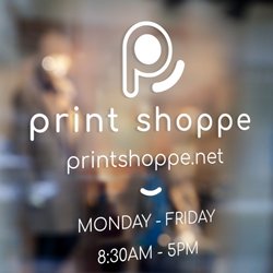Print Shoppe - Front Door of Print Shoppe with White Vinyl Lettering.