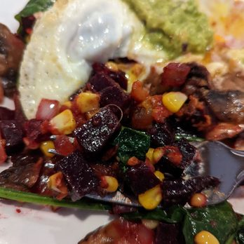 Phoebe's Diner - A look inside the Beet hash! Beets, spinach, sweet potato, corn, mushrooms, over easy eggs, guacamole! Guilt-free deliciousness! - Breakfast & Brunch Near Me - Austin, Texas Phoebe's Diner - A look inside the Beet hash! Beets, spinach, sweet potato, corn, mushrooms, over easy eggs, guacamole! Guilt-free deliciousness! - Breakfast & Brunch Near Me - Austin, Texas