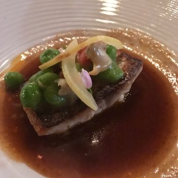 John Dory Seafood restaurant - Course 4 - mullet with peas and chorizo in veal demi glas. - Seafood Near Me - Amsterdam, New Hampshire