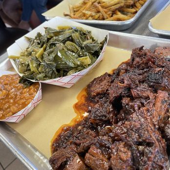 Daddy D’s BBQ - Family brisket meal. Fries, collard greens and individual baked beans - Barbeque Near Me - Benson, North Carolina