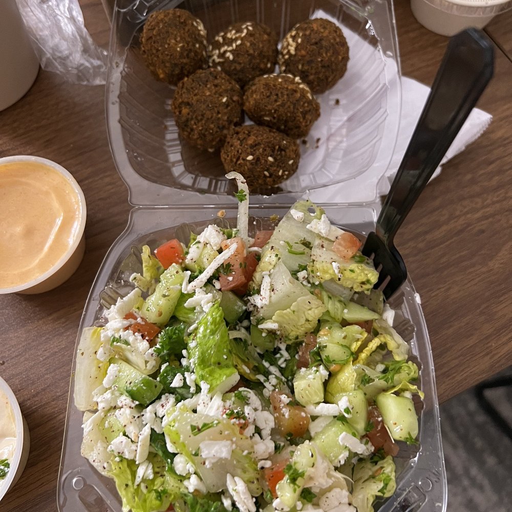 Gyro 2 Go - Half feta salad and 6 piece falafel w/ spicy sauce - Mediterranean Near Me - Beaverton, Oregon