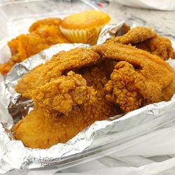 Lawrence's Soul Food And BBQ - Catfish, chicken wings, greens, sweet potatoes, corn muffin