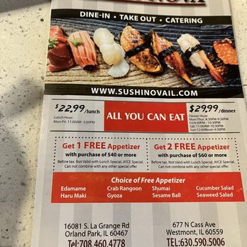 Sushi Nova - Lunch Special. All U can eat $23 - Sushi Bars Near Me - Orland Park, Illinois