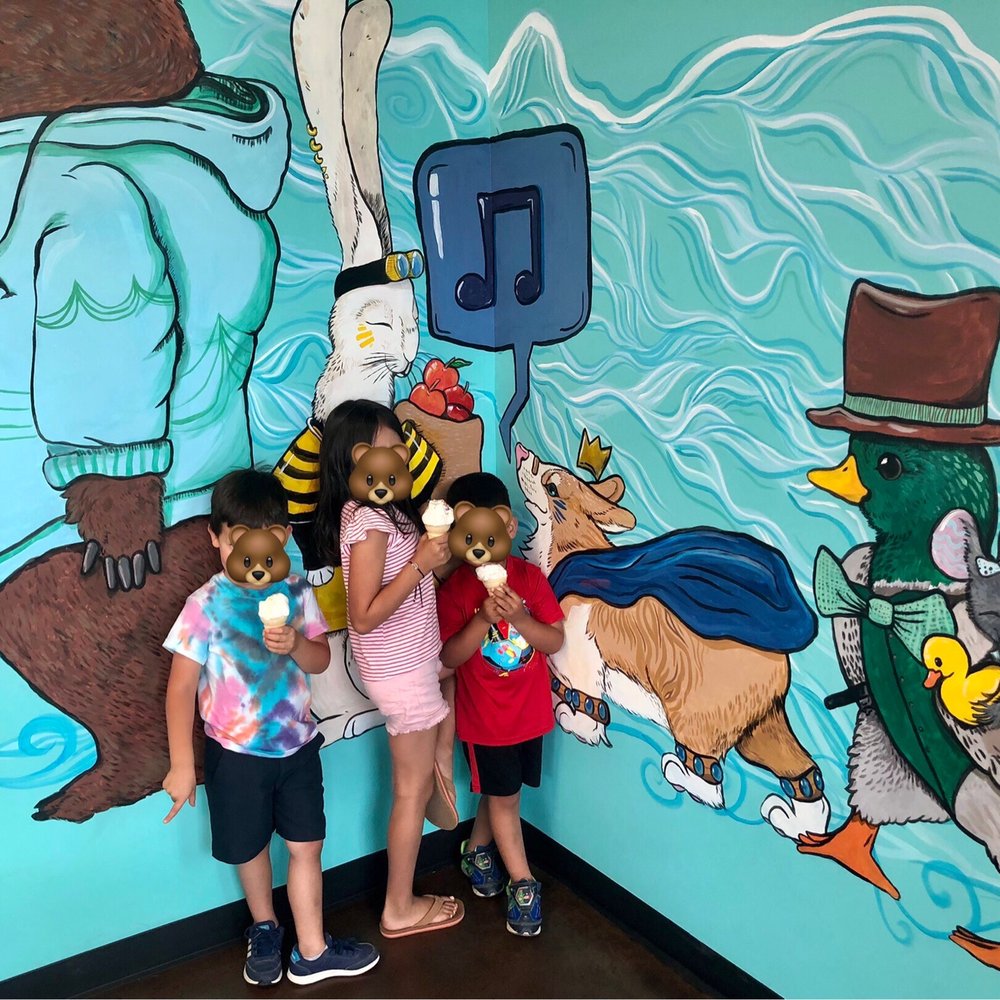 Bliss Small Batch Creamery - 3 of the 4 happy little campers, the 4th not so little camper is a teen and doesn't do photos with ice cream and animal murals ‍ - Ice Cream & Frozen Yogurt Near Me - University Place, Washington