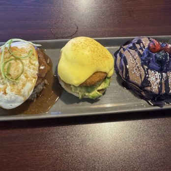 Guieb Cafe - Da 3 Bite Feast: Wagyu Moco, Crab Cake Benedict and Ube Pancake. - Breakfast & Brunch Near Me - Las Vegas, Nevada