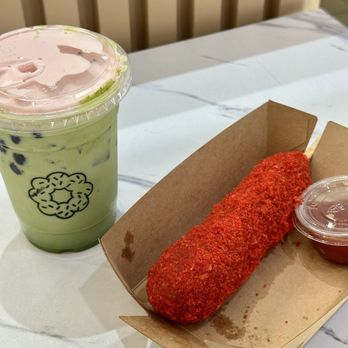 Mochi Me - strawberry foam matcha and hot cheeto korean corndog - Donuts Near Me - Rancho Cordova, California