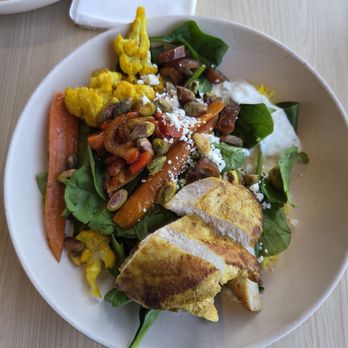 Treehouse - Mediterranean bowl, nice combination of veggies, nuts, date. Chicken was room temperature. - Breakfast & Brunch Near Me - San Diego, California Treehouse - Mediterranean bowl, nice combination of veggies, nuts, date. Chicken was room temperature. - Breakfast & Brunch Near Me - San Diego, California