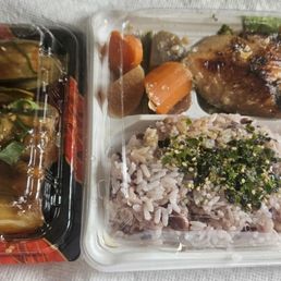 Sesame eggplant with miso butterfish bento. Sesame eggplant with miso butterfish bento.