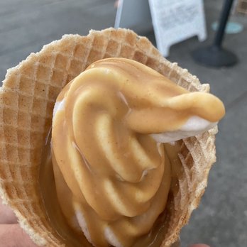Eb & Bean - Hazelnut Praline (non-dairy) in vegan waffle cone with peanut butter magic shell - Ice Cream & Frozen Yogurt Near Me - Portland, Oregon