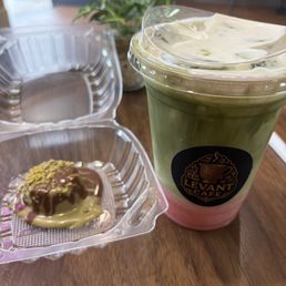 Dubai mini knafeh and strawberry iced matcha latte Dubai mini knafeh and strawberry iced matcha latte